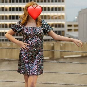 Lulu's Black Sequin Mini Dress with Blue & Pink Sparkle